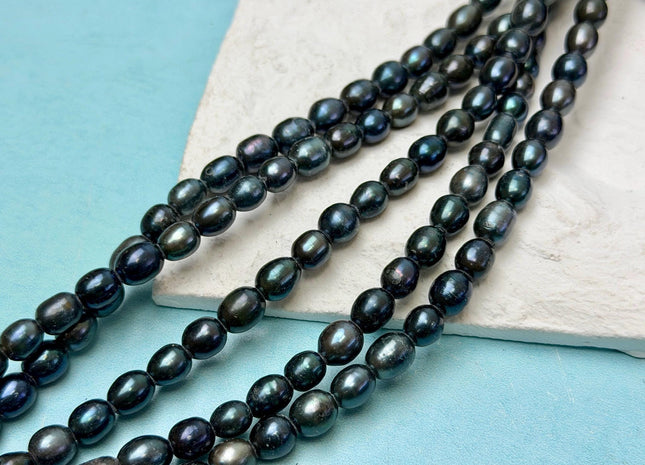 6.5-7x8-9 mm AA Half Strand Black Navy Blue Rice Oval Freshwater Pearl Beads Large Hole Size 2.1 mm 25 Beads #P3688