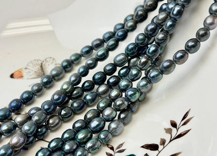 6.5-7x8-9 mm AA Half Strand Black Navy Blue Rice Oval Freshwater Pearl Beads Large Hole Size 2.1 mm 25 Beads #P3688