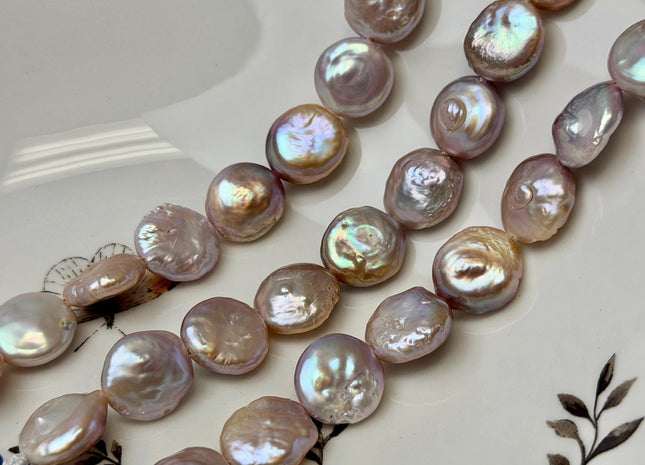 14-15mm AA Half Strand Natural Golden Mauve Pink Large Hole Thick Round Coin Freshwater Pearl Hole Size 1.5mm 12 Beads #P3696