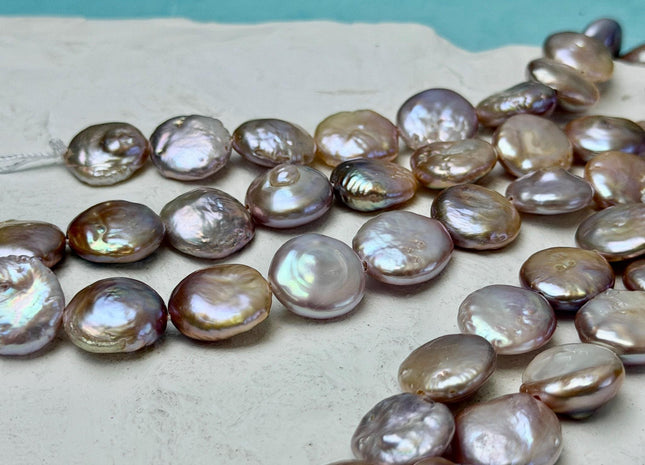 14-15mm AA Half Strand Natural Golden Mauve Pink Large Hole Thick Round Coin Freshwater Pearl Hole Size 1.5mm 12 Beads #P3696