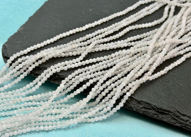 2-2.5 mm Faceted Round Tiny Natural White Moonstone Gemstone Beads 15 Inches Strand #4888