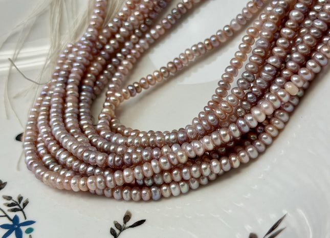 4.5-5mm AA Large Hole Natural Mauve Pink Half Strand Round Button Rondelle Freshwater Pearls Hole Size 1.2mm 70 Beads #P3710