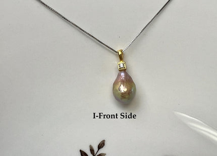 One-Of-A-Kind 11-18mm Natural Pink Mauve Baroque Pearl With .925 Sterling Silver/Gold Pendant #PD0014