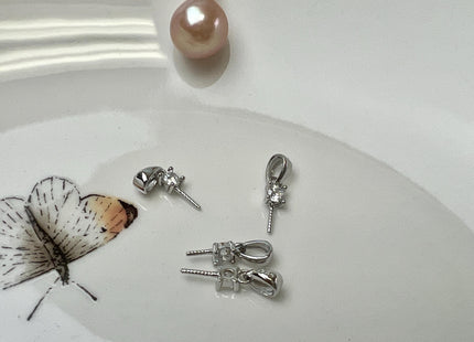 One Piece 925 Sterling Silver/Gold Pendant Setting Findings W/CZ For Half Drilled Pearls #10403