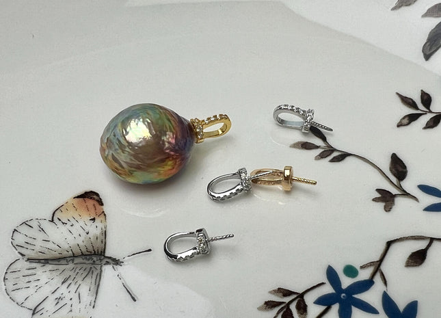 One Piece 925 Sterling Silver/Gold Pendant Setting Findings W/CZ For Half Drilled Pearls #10404