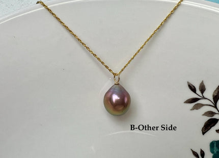 One-Of-A-Kind 15mm AAA Very Rare Natural White Mauve Peacock Edison Pearl With Iridescent Gold Sheen 14K Or 18K Solid Gold Pendant #PD0015