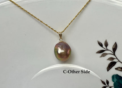 One-Of-A-Kind 15mm AAA Very Rare Natural White Mauve Peacock Edison Pearl With Iridescent Gold Sheen 14K Or 18K Solid Gold Pendant #PD0015
