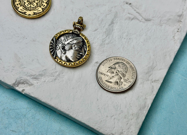 One Piece 25 mm Greek Athena Brass Coin Pendant Findings Antique Greek Design Brass Coin Pendant With CZ DIY Jewelry #CR0096