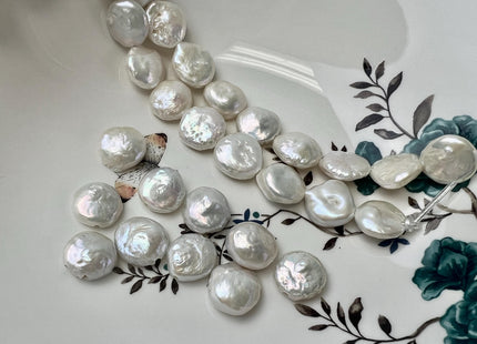 17-18mm AA Half Strand Natural White Thick Round Coin Freshwater Pearls 2.1mm Large Hole High Luster Beads #P3706