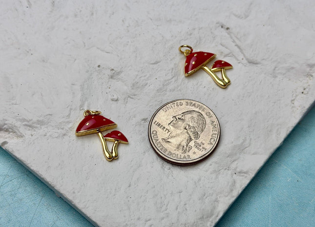Red Mushroom Dainty Cute Charms for Necklace Jewelry Making, 18K Gold Filled Charm Enamel Colored Pendant With CZ, One Piece #CR0105
