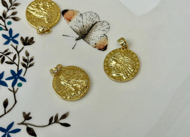Native American Nickel Oxidized Charms for Necklace Jewelry Making, 18K Gold Filled Charm Medallion Pendant W CZ Crystals, One Piece #CR0107