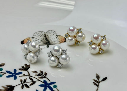 Natural White Freshwater Pearl Simple Stud Cluster Earring .925 Sterling Silver Bridal Earrings #10047-O