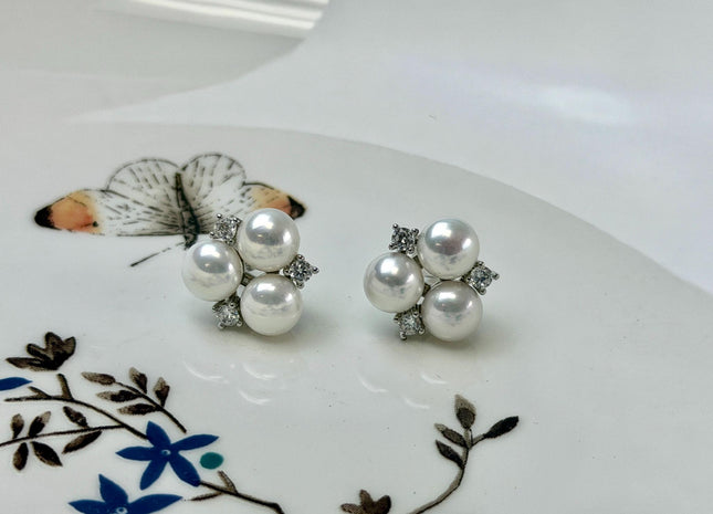 Natural White Freshwater Pearl Simple Stud Cluster Earring .925 Sterling Silver Bridal Earrings #10047-O