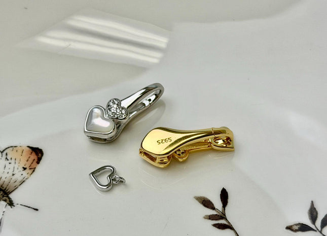 13x20 mm 925 Sterling Silver Heart Shape Push Clasp Sterling Silver Findings Mother Of Pearl With CZ Silver Clasps #10401