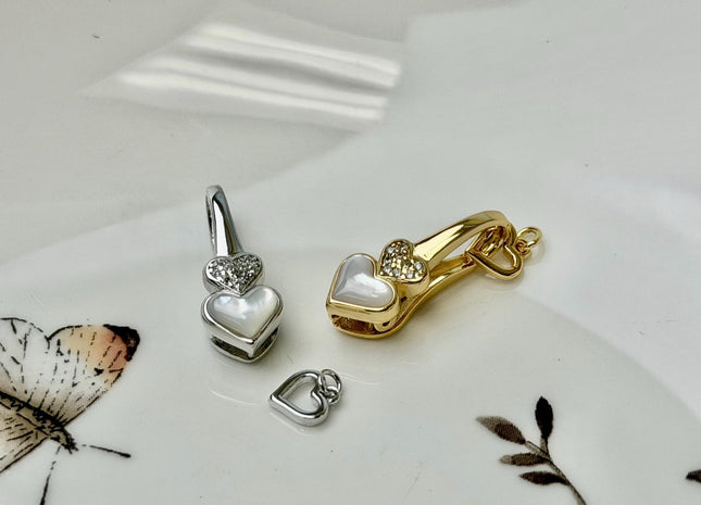 13x20 mm 925 Sterling Silver Heart Shape Push Clasp Sterling Silver Findings Mother Of Pearl With CZ Silver Clasps #10401