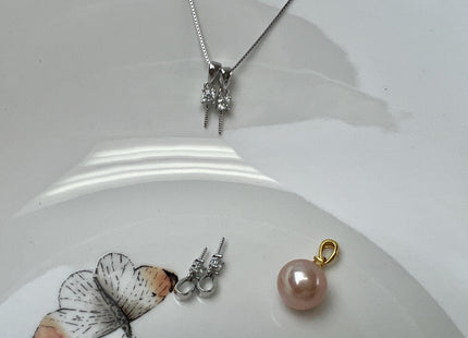 One Piece 925 Sterling Silver/Gold Pendant Setting Findings W/CZ For Half Drilled Pearls #10403