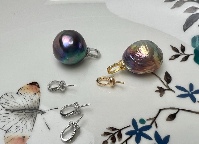 One Piece 925 Sterling Silver/Gold Pendant Setting Findings W/CZ For Half Drilled Pearls #10404