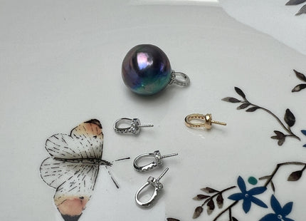 One Piece 925 Sterling Silver/Gold Pendant Setting Findings W/CZ For Half Drilled Pearls #10404