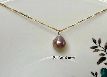 One-Of-A-Kind 15mm AAA Very Rare Natural White Mauve Peacock Edison Pearl With Iridescent Gold Sheen 14K Or 18K Solid Gold Pendant #PD0015