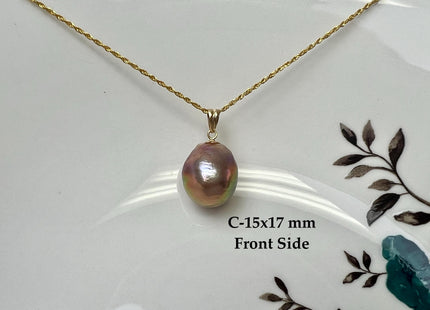 One-Of-A-Kind 15mm AAA Very Rare Natural White Mauve Peacock Edison Pearl With Iridescent Gold Sheen 14K Or 18K Solid Gold Pendant #PD0015