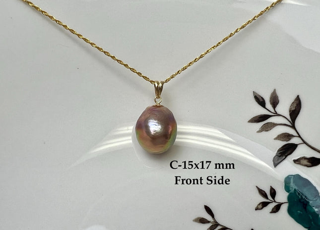One-Of-A-Kind 15mm AAA Very Rare Natural White Mauve Peacock Edison Pearl With Iridescent Gold Sheen 14K Or 18K Solid Gold Pendant #PD0015