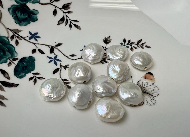 17-18mm AA Half Strand Natural White Thick Round Coin Freshwater Pearls 2.1mm Large Hole High Luster Beads #P3706