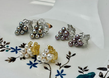 Natural White Mauve Pink Freshwater Pearl Grape Stud Cluster Earring .925 Sterling Silver Bridal Earrings #10047-N
