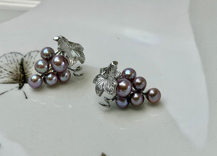 Natural White Mauve Pink Freshwater Pearl Grape Stud Cluster Earring .925 Sterling Silver Bridal Earrings #10047-N