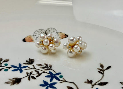 Natural White Freshwater Pearl Simple Stud Cluster Earring .925 Sterling Silver Bridal Earrings With CZ #10047-P