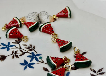Watermelon Fruit Slice Design Charms for Necklace Jewelry Making, 18K Gold Plated Charm Enamel Colored Medallion Pendant, One Piece #CR0109