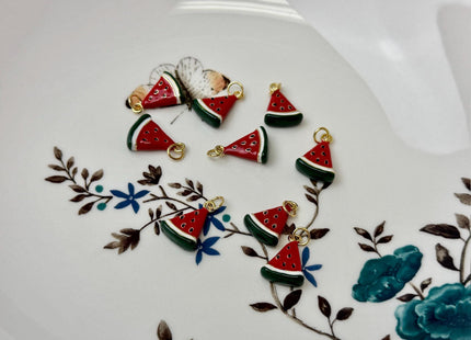 Watermelon Fruit Slice Design Charms for Necklace Jewelry Making, 18K Gold Plated Charm Enamel Colored Medallion Pendant, One Piece #CR0109