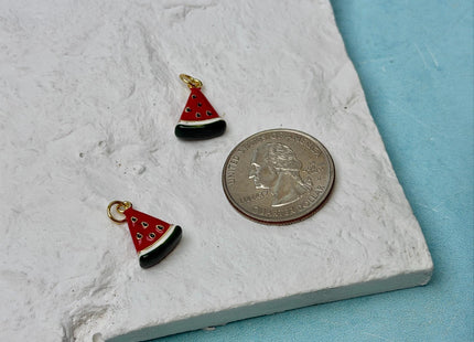 Watermelon Fruit Slice Design Charms for Necklace Jewelry Making, 18K Gold Plated Charm Enamel Colored Medallion Pendant, One Piece #CR0109