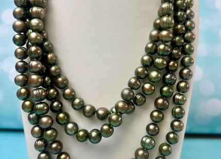 40 Inches Hand Knotted 9-10 mm Potato Olive Green Color Freshwater Pearl Necklaces Long Pearl Necklace #P3704
