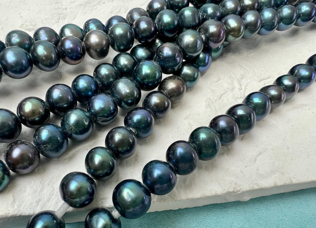 8 mm Half/Full Strand Large Hole Blue Peacock Color Off Round Freshwater Pearl Beads Hole Size 2.1 mm #P3703