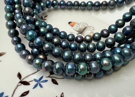8 mm Half/Full Strand Large Hole Blue Peacock Color Off Round Freshwater Pearl Beads Hole Size 2.1 mm #P3703
