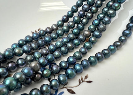 8 mm Half/Full Strand Large Hole Blue Peacock Color Off Round Freshwater Pearl Beads Hole Size 2.1 mm #P3703