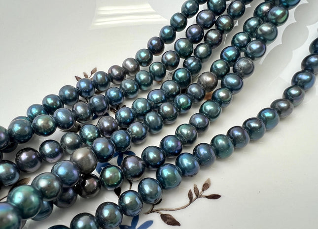 8 mm Half/Full Strand Large Hole Blue Peacock Color Off Round Freshwater Pearl Beads Hole Size 2.1 mm #P3703