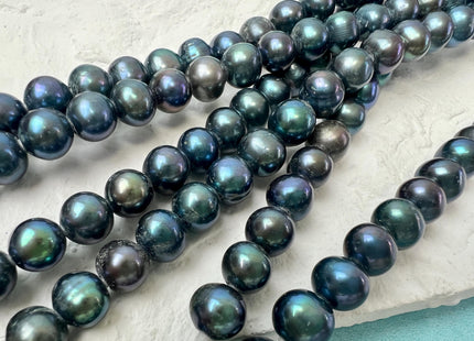 8 mm Half/Full Strand Large Hole Blue Peacock Color Off Round Freshwater Pearl Beads Hole Size 2.1 mm #P3703