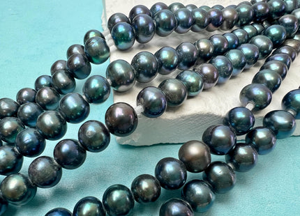 8 mm Half/Full Strand Large Hole Blue Peacock Color Off Round Freshwater Pearl Beads Hole Size 2.1 mm #P3703