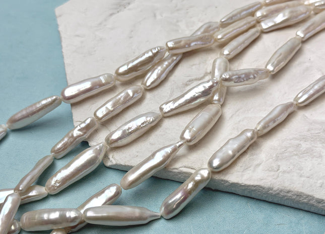 6-8x23-28 mm AA Natural White Biwa Stick Freshwater Pearls Genuine High Luster Long Stick Pearls 15 Beads #P3620