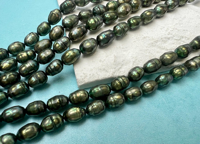 5-6x7-8 mm Faceted Rice/Oval Freshwater Pearl Beads Dark Green/Orange Champagne Color #395