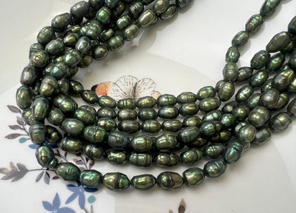5-6x7-8 mm Faceted Rice/Oval Freshwater Pearl Beads Dark Green/Orange Champagne Color #395