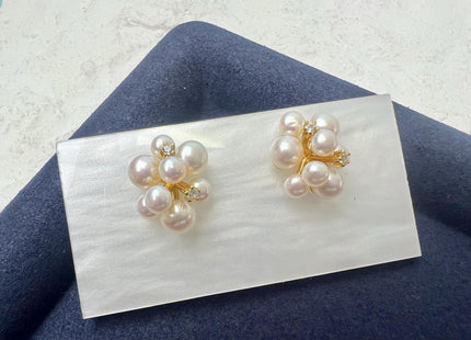 Natural White Freshwater Pearl Simple Stud Cluster Earring .925 Sterling Silver Bridal Earrings With CZ #10047-P