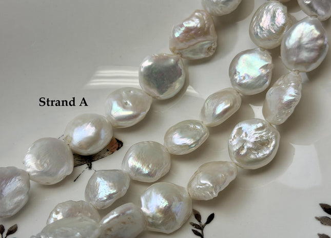 16-18mm AA Half Strand Natural White Thick Round Coin Freshwater Pearls 2.1mm Large Hole High Luster Beads #P3642