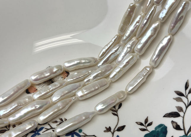 6-8x23-28 mm AA Natural White Biwa Stick Freshwater Pearls Genuine High Luster Long Stick Pearls 15 Beads #P3620