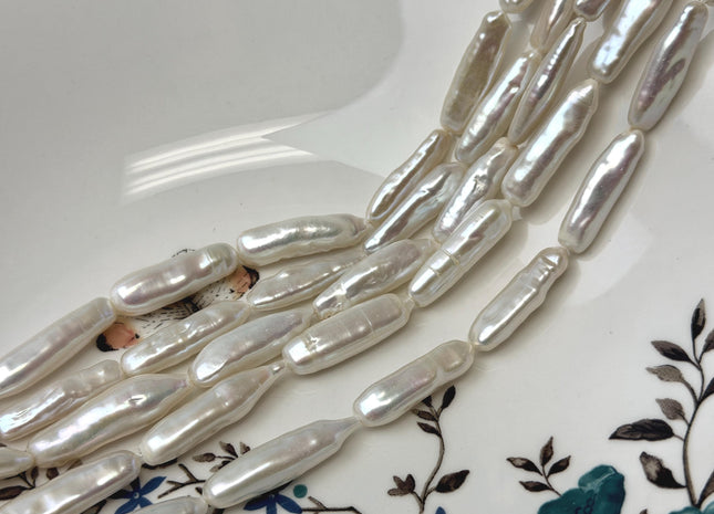 6-8x23-28 mm AA Natural White Biwa Stick Freshwater Pearls Genuine High Luster Long Stick Pearls 15 Beads #P3620