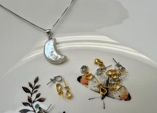 One Piece 925 Sterling Silver/Gold Pendant Setting Finding For Half Drilled Pearls #10408