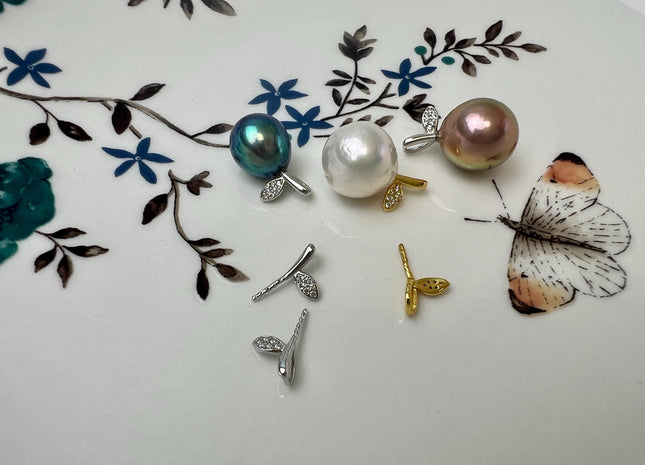 One Piece 925 Sterling Silver/Gold Apple Leaf Pendant Setting Findings For Half Drilled Pearls #10411