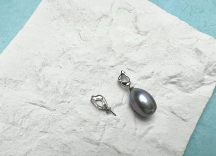 One Piece 925 Sterling Silver/Gold Pendant Setting Findings For Half Drilled Pearls Flame Shape Design W/CZ #10413