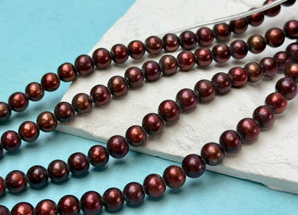 7-8mm Half Strand Burgundy Red Perfect Round Large Hole Freshwater Pearls Hole Size 2.1mm 26 Beads #P3740